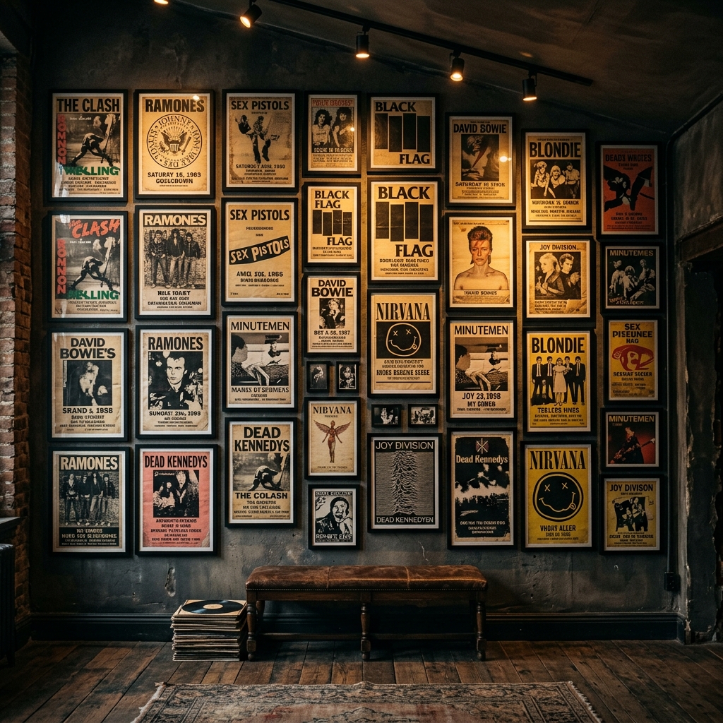 Framed wall art in matte black frames arranged in a controlled gallery layout