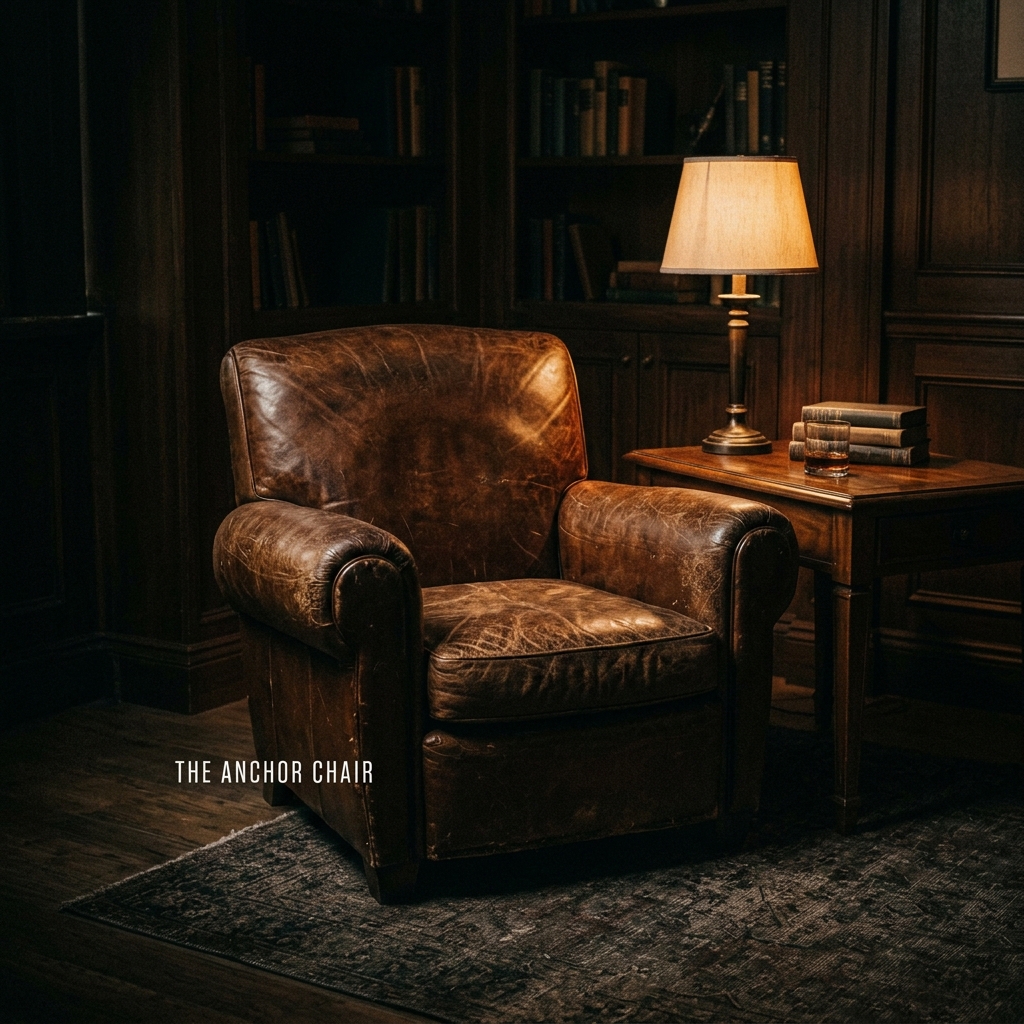 Distressed leather club chair anchoring a dark lounge corner with warm 2700K lamp light