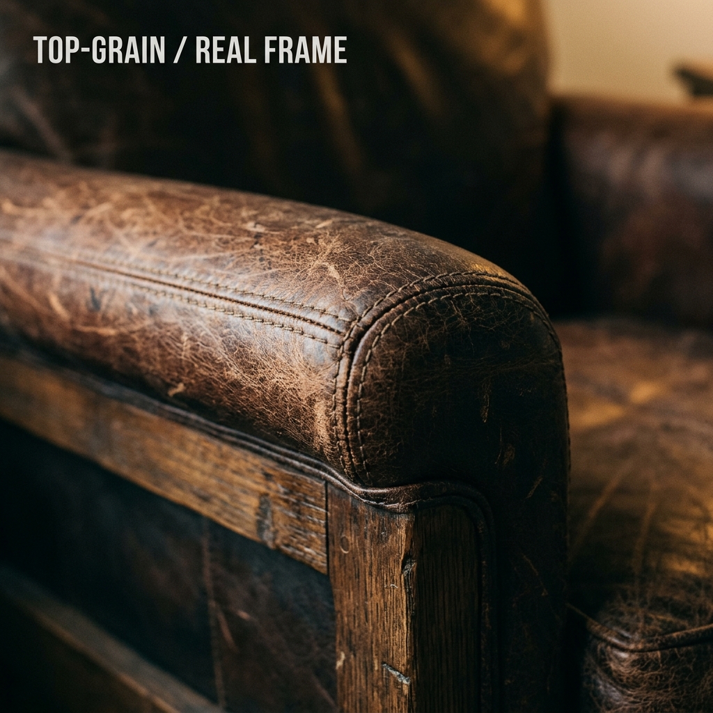 Close-up of distressed leather chair grain and seams under warm 2700K lighting