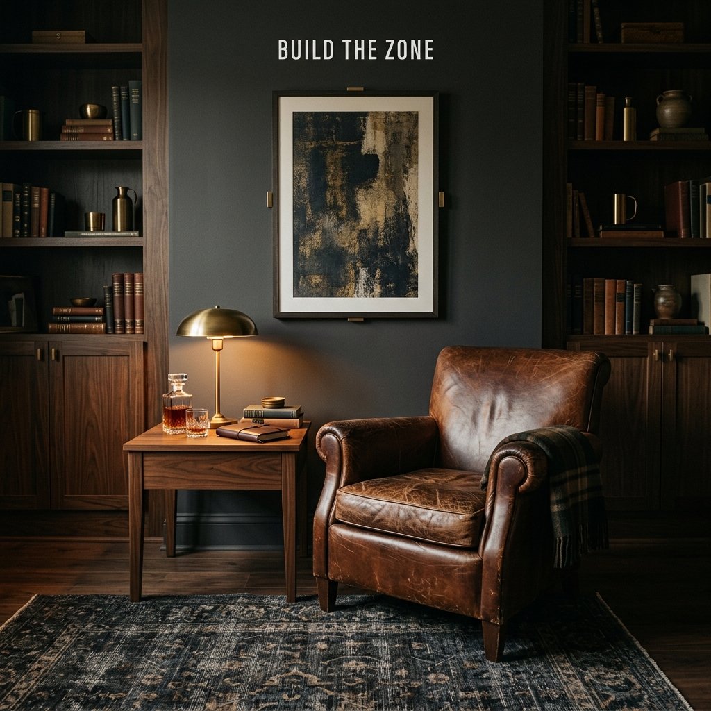 Distressed leather club chair on a dark rug with walnut side table and warm lamp creating a defined lounge zone