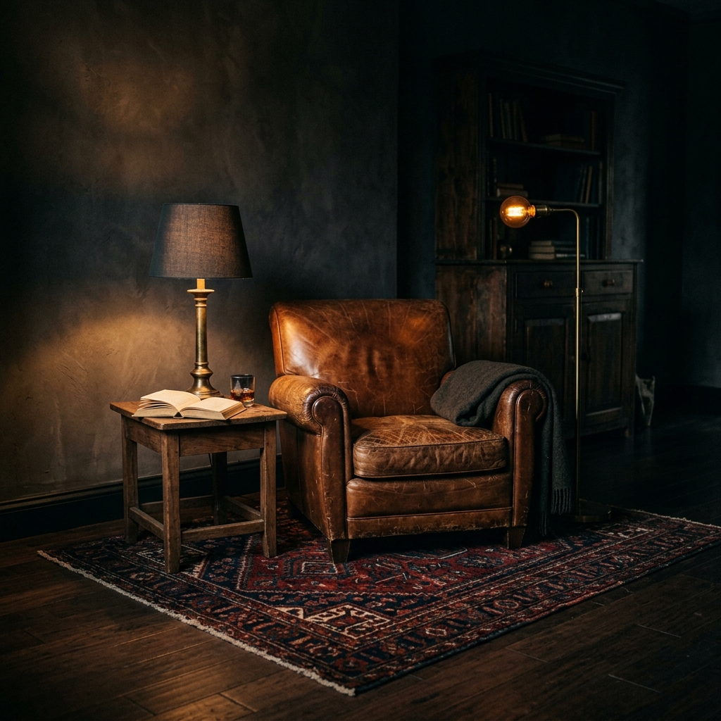 Moody lounge corner zone with leather chair, walnut table, dark rug, and warm lamp light