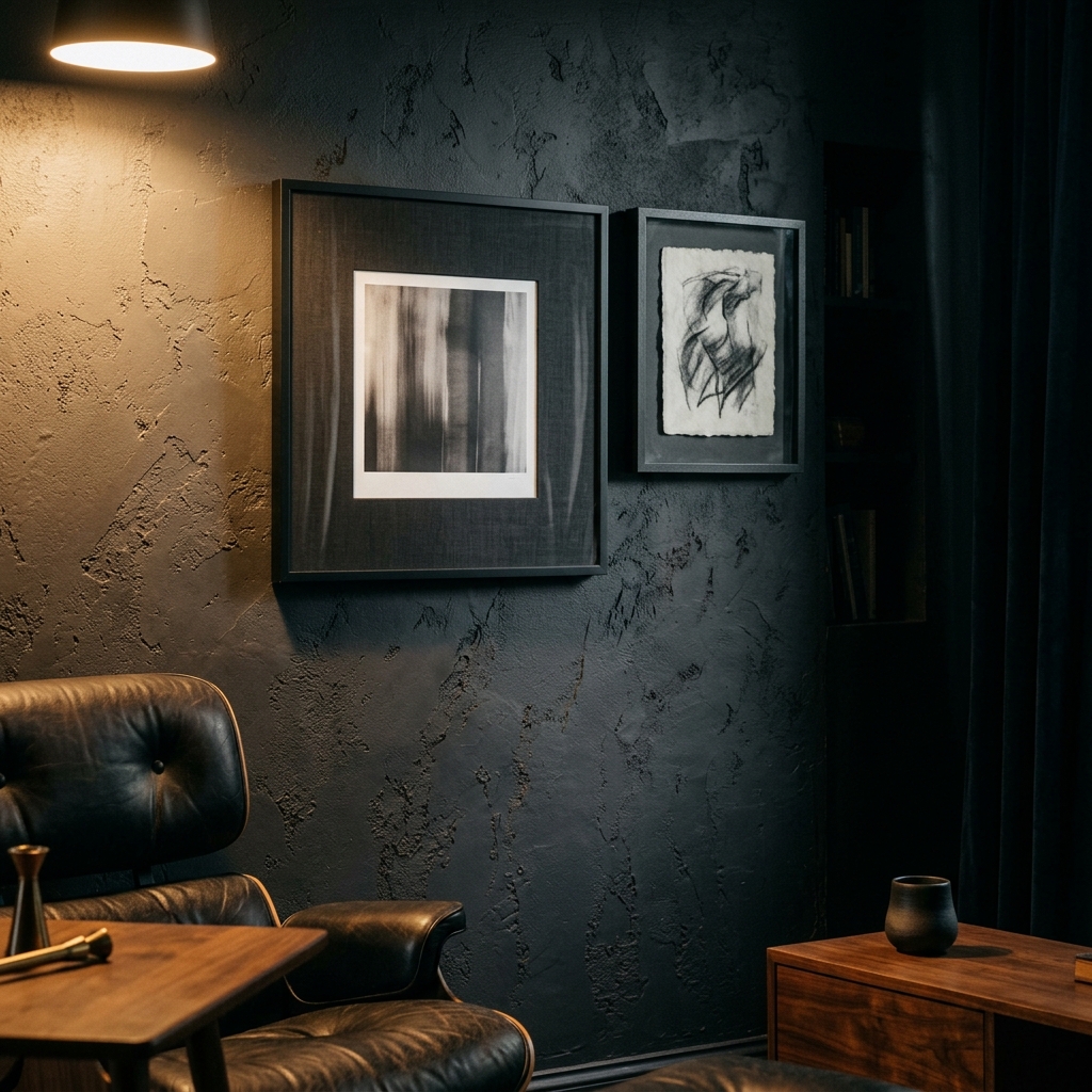 Charcoal wall with framed art lit by warm directional light in a dark lounge corner