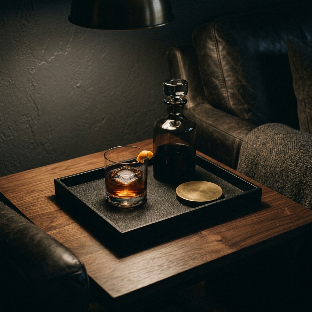 Walnut side table landing zone with dark tray and a single rocks glass under warm low light