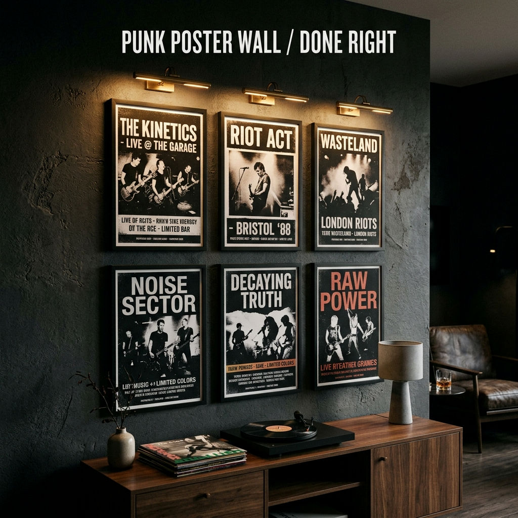 Curated punk poster wall with consistent framing and controlled spacing