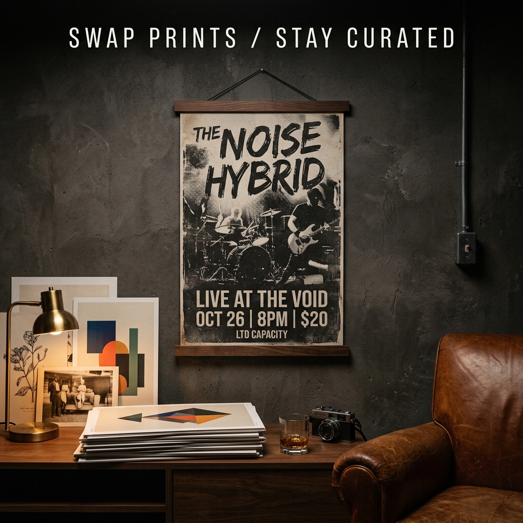 Dark wood magnetic poster hanger holding a gritty flyer-style print in a moody room