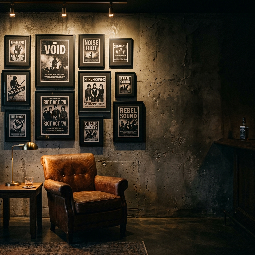 Moody lounge corner with a curated punk poster wall in matte black frames and warm lighting