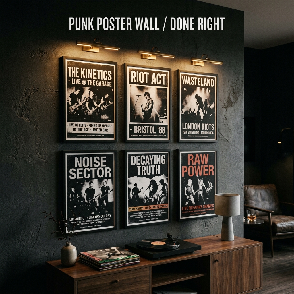Curated punk poster wall with matte black frames and warm picture lighting