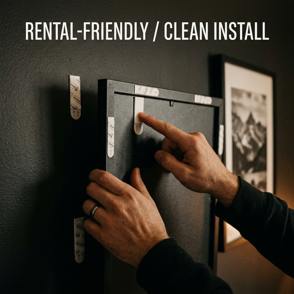 Rental-friendly frame installation using damage-free hanging strips in a dark moody interior
