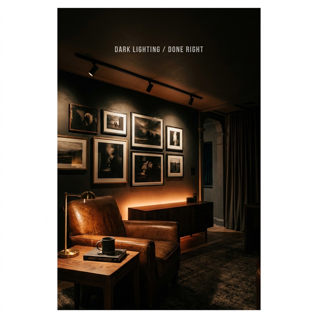 Layered dark lighting blueprint with wall grazing light, reading lamp, and hidden shelf glow in a moody lounge