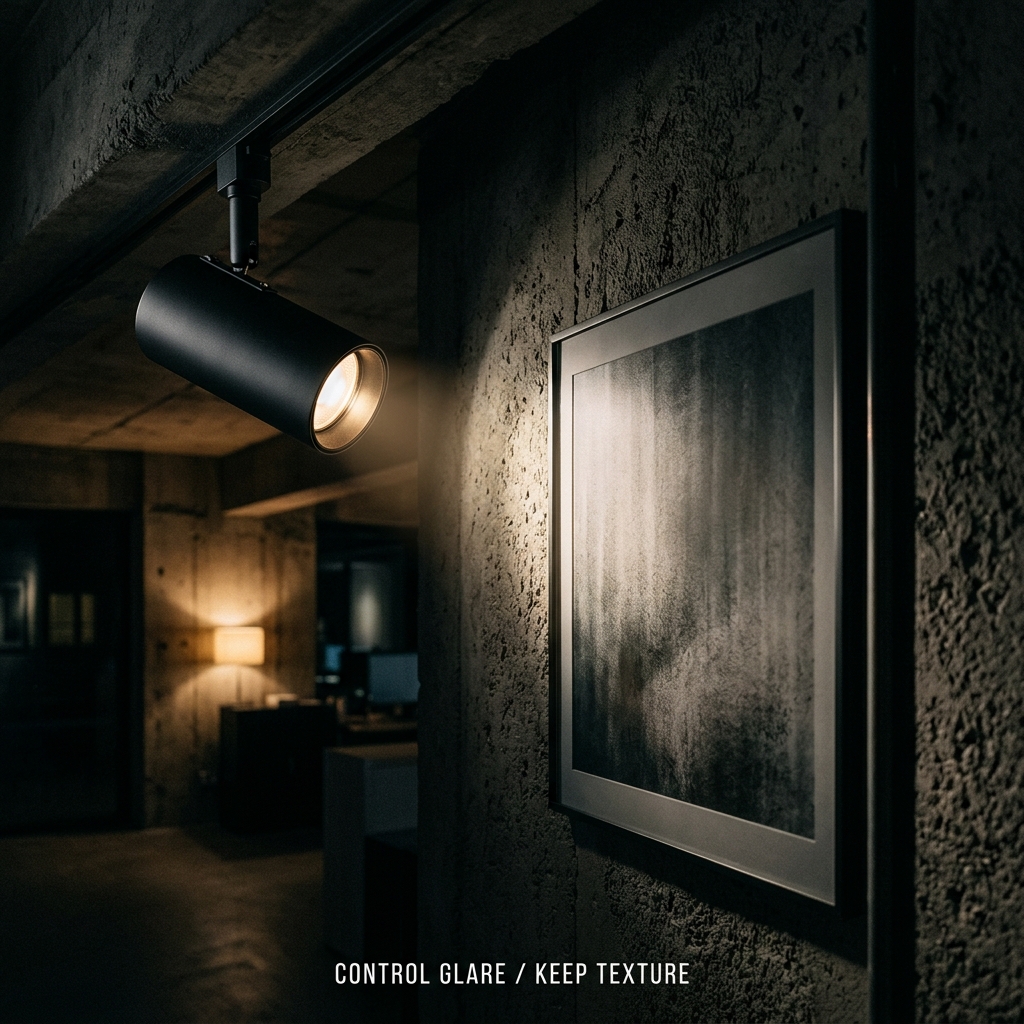 Directional track light grazing framed wall art to control glare while keeping warm texture visible