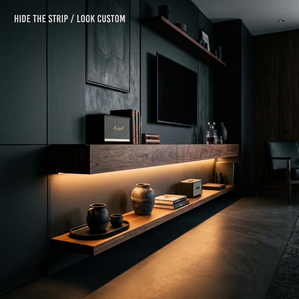 Hidden LED diffuser channel creating a continuous warm line of light under a shelf with no visible LED dots
