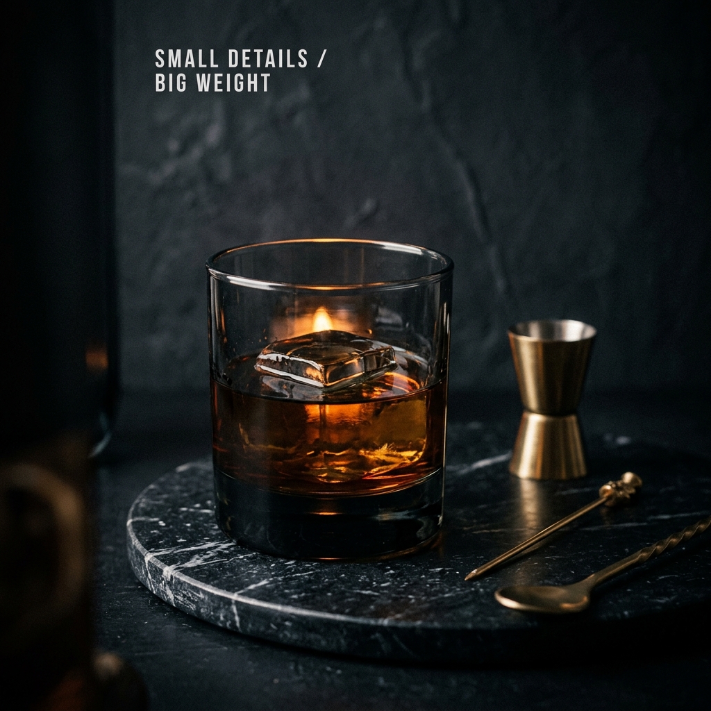 Close-up barware vignette with smoked glass, black marble coasters, and brass bar tool details in warm light