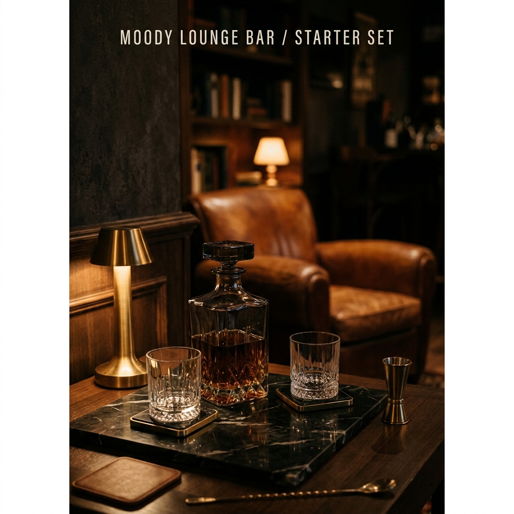 Moody lounge bar starter set with decanter and glasses staged like a quiet ritual, leather chair blurred in the background