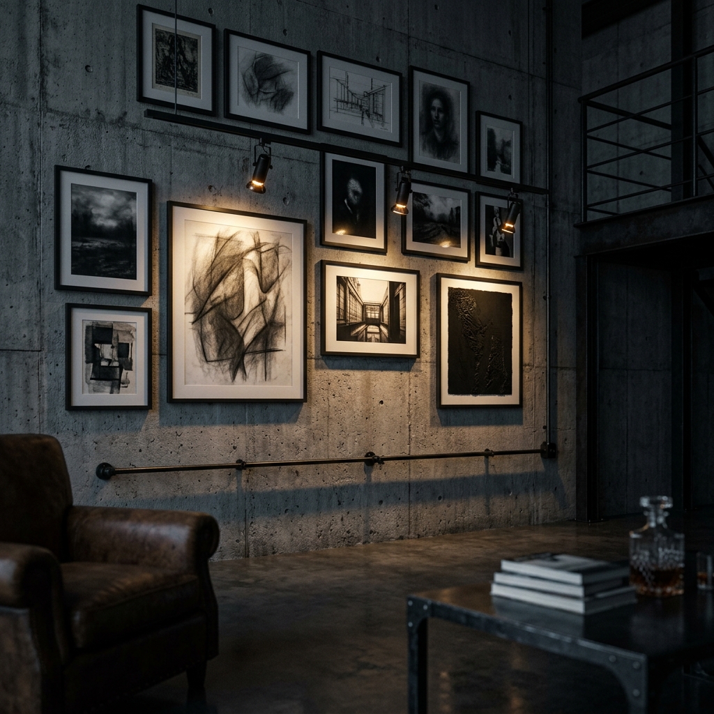 Dark gallery wall in a moody room with warm lighting and framed art