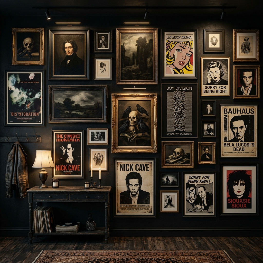Dark wall art styling vignette with a disciplined palette of black, charcoal, and warm accents